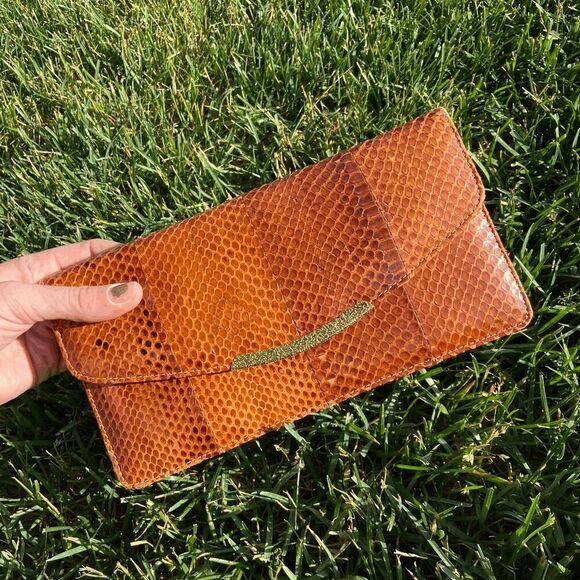 Vintage 1950s Genuine Snake Skin Gold Chain Crossbody Bag Clutch - Picture 13 of 14